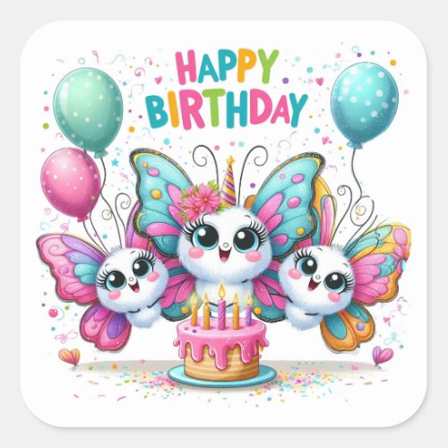 Happy Birthday Cute Butterflies Celebrating Square Sticker