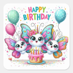 Happy Birthday Cute Butterflies Celebrating Square Sticker