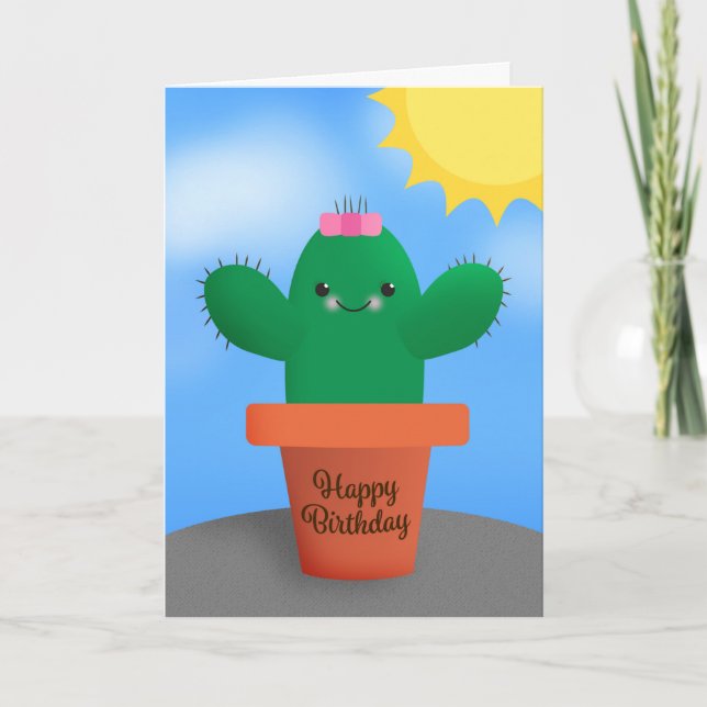 Happy Birthday Cute Cactus in Pot Illustration Holiday Card (Front)