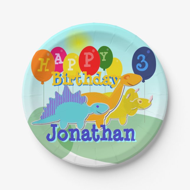 Happy Birthday Cute Cartoon Dinosaurs Balloons Paper Plates (Front)