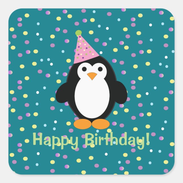 Happy Birthday Cute Cartoon Party Penguin Square Sticker (Front)