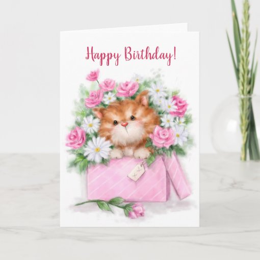 Happy Birthday, cute cat in flower box Card | Zazzle