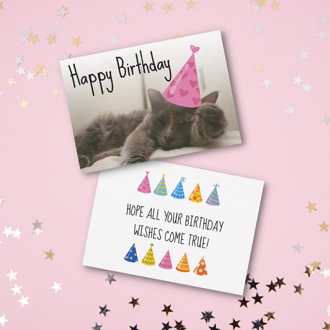 happy birthday cute cat with pink hat photo note card (Creator Uploaded)
