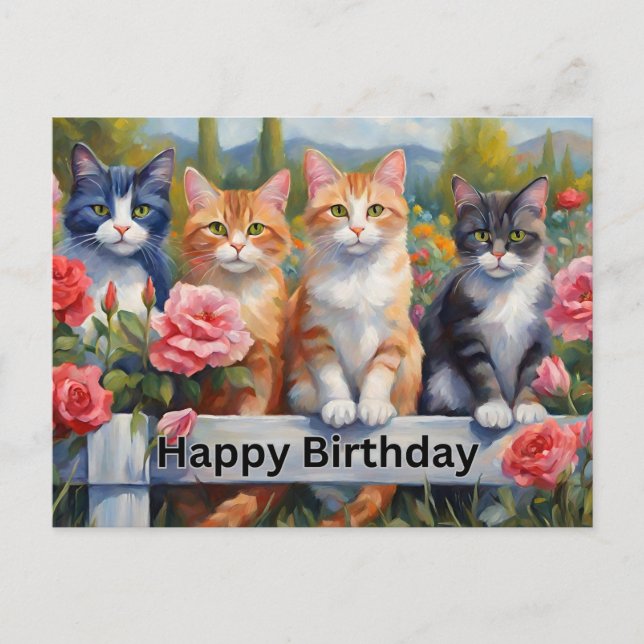 Happy Birthday Cute Cats at Flower Garden Fence Postcard (Front)