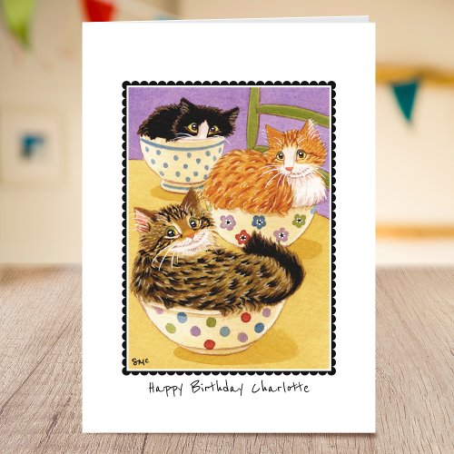 Happy Birthday Cute Cats in Bowls Custom Card