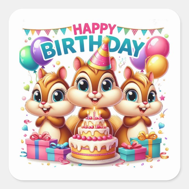 Happy Birthday Cute Chipmunks Celebrating Square Sticker (Front)