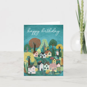 HAPPY BIRTHDAY Cute Country Village Illustration Card