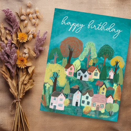 HAPPY BIRTHDAY Cute Country Village Illustration Postcard