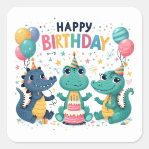 Happy Birthday Cute Crocodiles Celebrating  Square Sticker