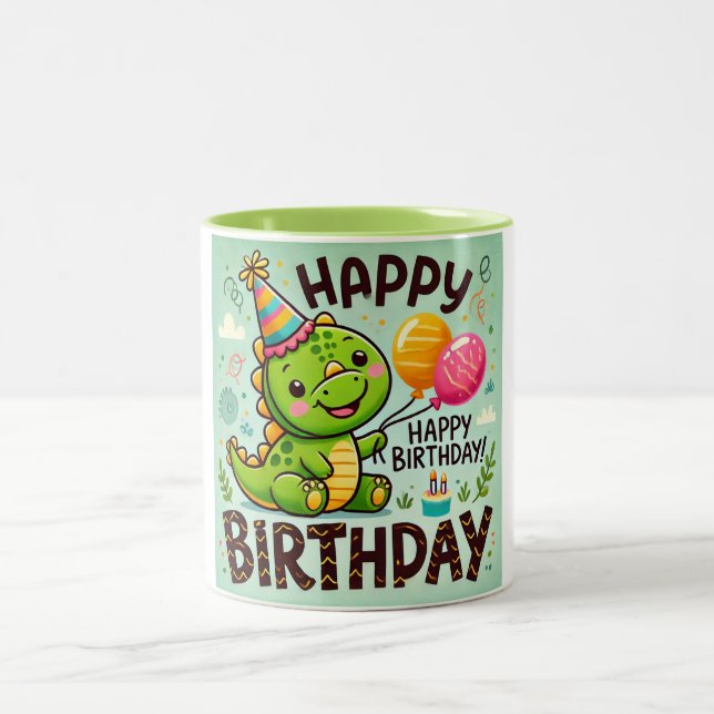Happy Birthday Cute Dino Roar Two-Tone Coffee Mug (Center)