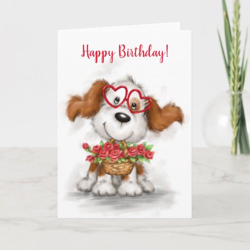 Happy Birthday Cute dog Holding Flower Basket Card