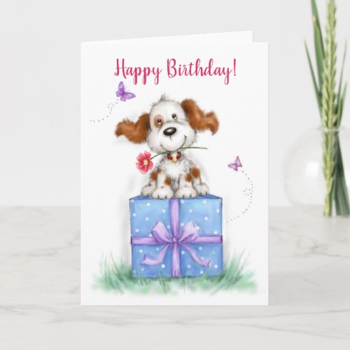 Happy Birthday Cute Dog on gift package Card