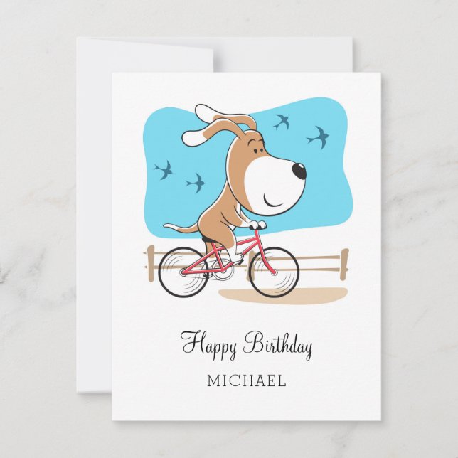Happy Birthday Cute Dog Puppy Biking Bicycle Card (Front)