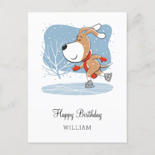 Happy Birthday Cute Dog Puppy Ice Skating Fun Postcard