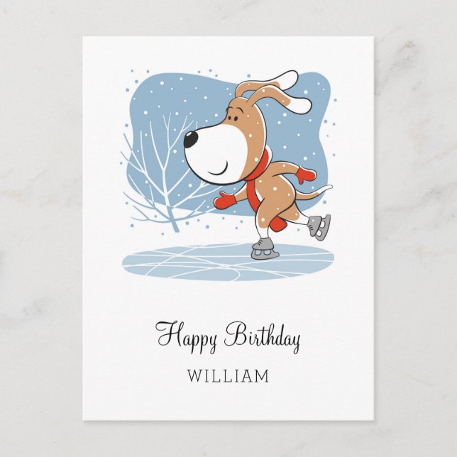 Happy Birthday Cute Dog Puppy Ice Skating Fun Postcard (Front)