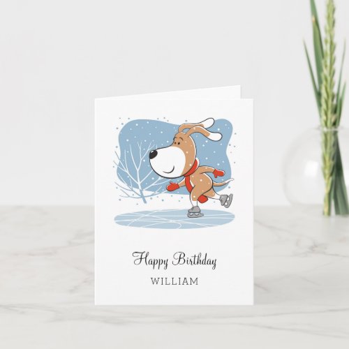 Happy Birthday Cute Dog Puppy Ice Skating Funny Card