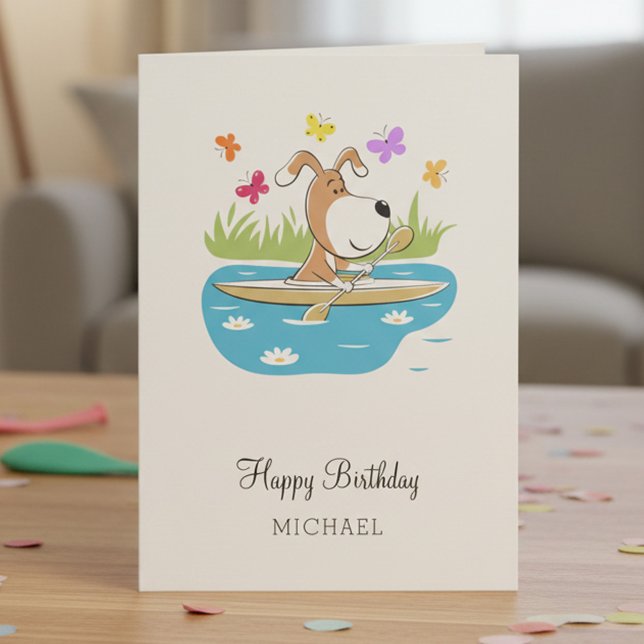 Happy Birthday Cute Dog Puppy Kayak Kayaking Card (Creator Uploaded)