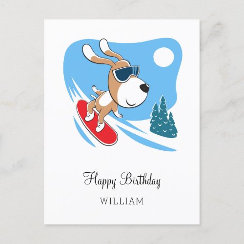 Happy Birthday Cute Dog Puppy Snowboard Winter Postcard