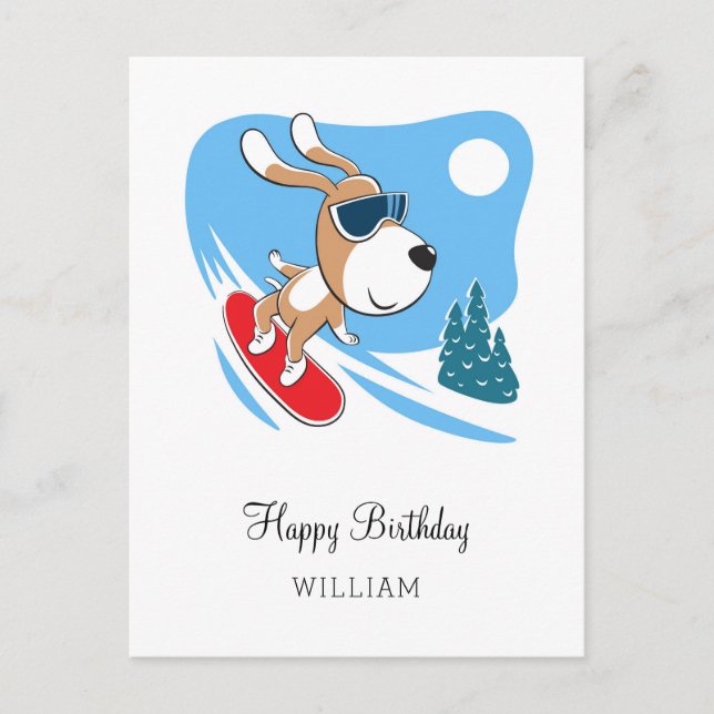 Happy Birthday Cute Dog Puppy Snowboard Winter Postcard (Front)