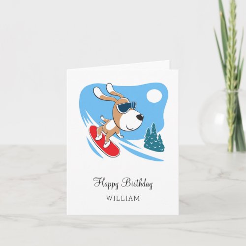 Happy Birthday Cute Dog Puppy Snowboard Winter Sun Card
