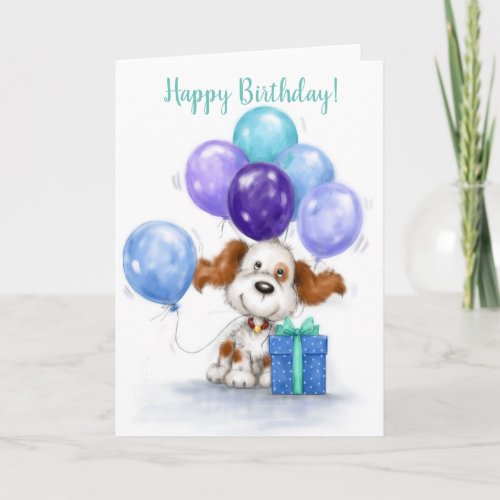 Happy Birthday cute dog with blue balloons Card