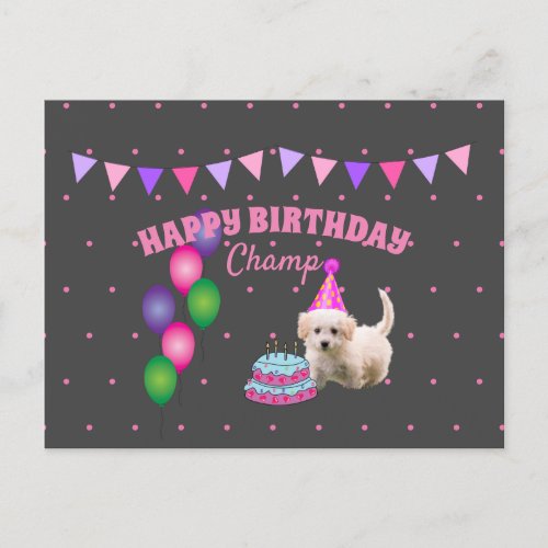 Happy Birthday  cute dog  with cake polka dots  Postcard