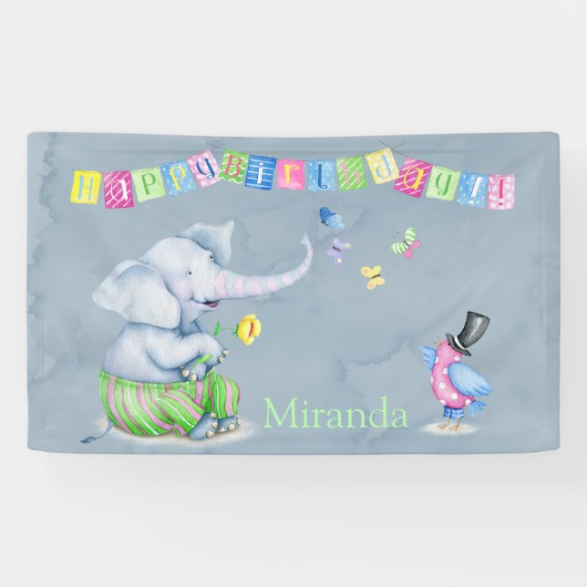 Happy Birthday Cute Elephant Bird Butterfly Kids Banner (Horizontal)
