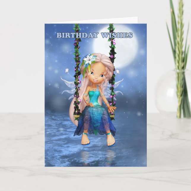 Happy Birthday cute fairy on a floral swing card (Front)
