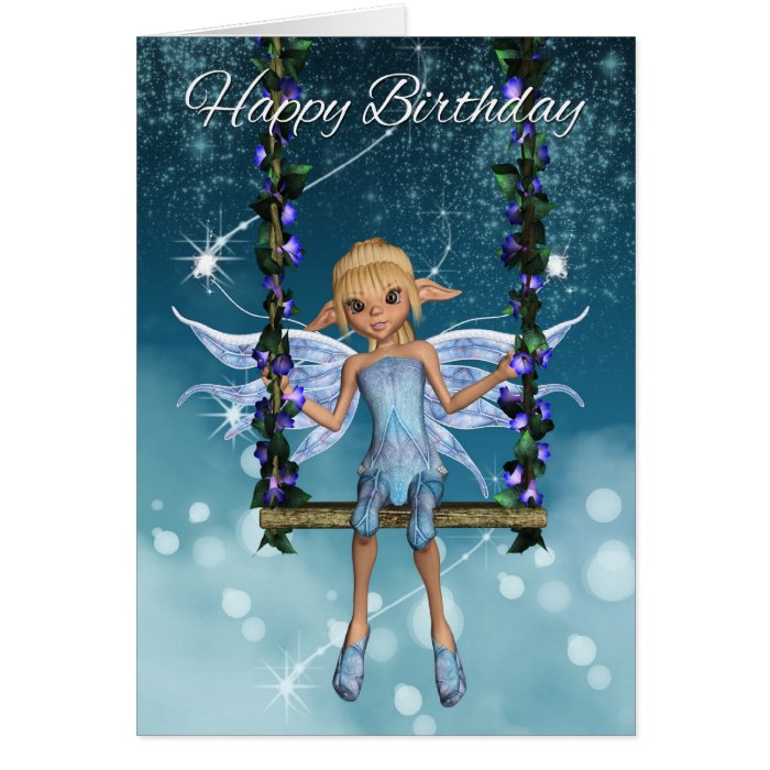 Happy Birthday cute fairy on flower swing, blues Greeting Cards