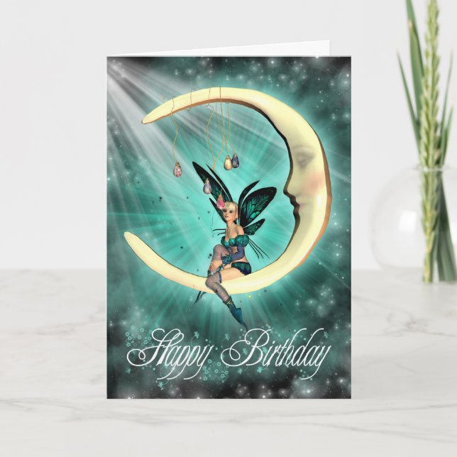 Happy birthday Cute February Moon Fairy Card (Front)