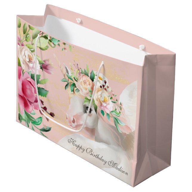Happy Birthday Cute Floral Unicorn Personalized Large Gift Bag (Front Angled)