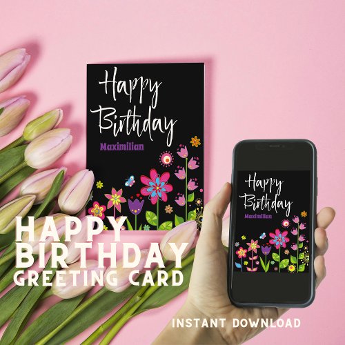 Happy Birthday Cute Flowers Personalized Greeting  Card