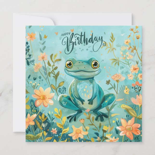 Happy Birthday Cute Frog with Flowers  Card (Front)