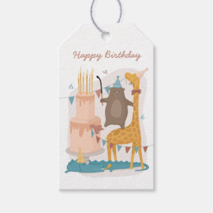 Happy birthday. Cute funny animals: bear giraffe Gift Tags