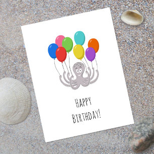 Happy Birthday Cute Funny Cartoon Octopus Balloons Postcard