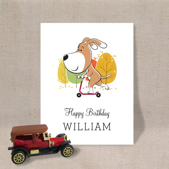 Happy Birthday Cute Funny Dog Puppy Kick Scooter Postcard (Creator Uploaded)