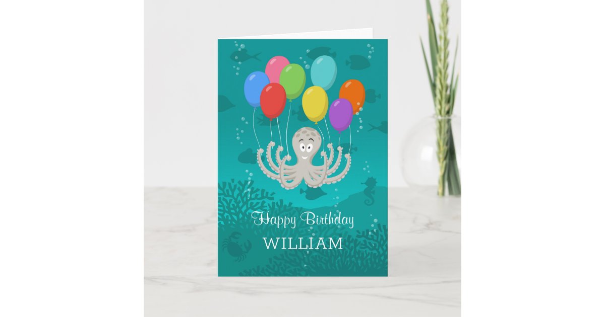 Happy Birthday Cute Funny Octopus Cartoon Balloons Card | Zazzle