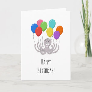 Happy Birthday Cute Funny Octopus Cartoon Balloons Card