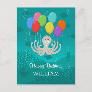 Happy Birthday Cute Funny Octopus Cartoon Balloons Postcard