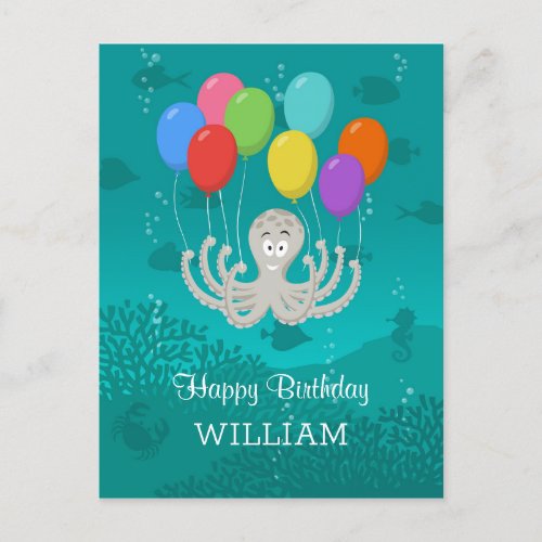 Happy Birthday Cute Funny Octopus Cartoon Balloons Postcard