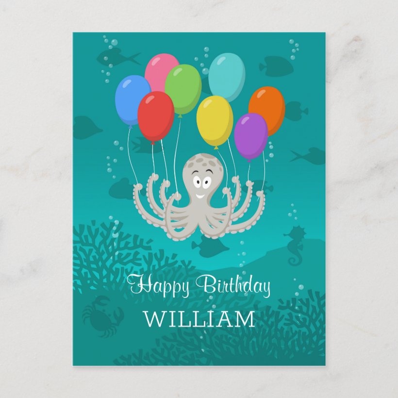 Happy Birthday Cute Funny Octopus Cartoon Balloons Postcard (Front)