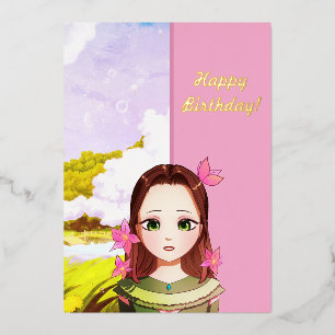 Happy Birthday Cute Girl Anime Invitation Foil Invitation