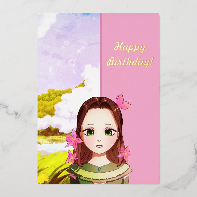 Happy Birthday Cute Girl Anime Invitation Foil Invitation (Front)