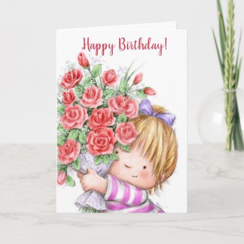 Happy Birthday cute girl with bunch of flowers Card