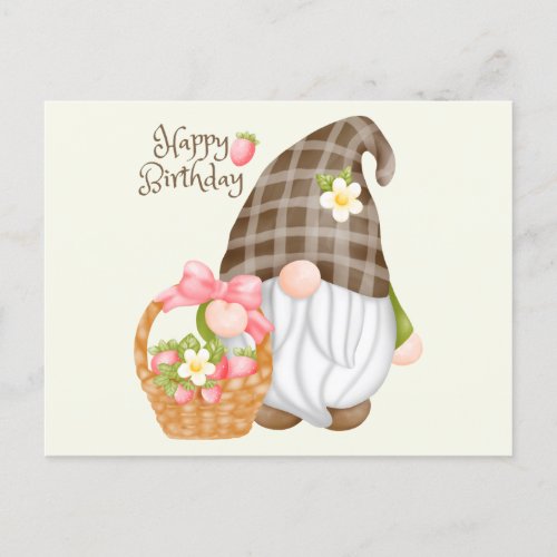 Happy Birthday Cute Gnome with Strawberry Basket Postcard