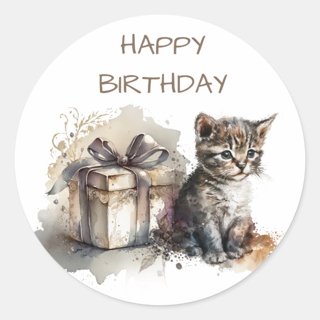 Happy Birthday | Cute Gray Kitten and Gift Classic Round Sticker (Front)