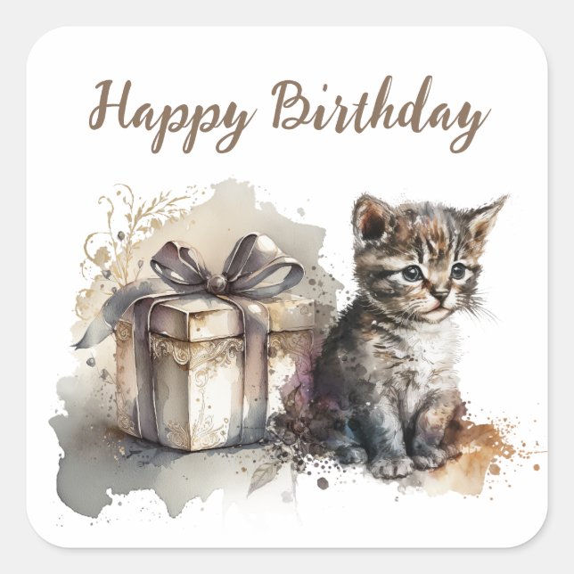 Happy Birthday | Cute Gray Kitten and Gift Square Sticker (Front)