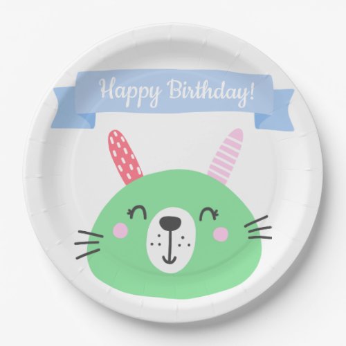 Happy Birthday  Cute Green Bunny Kids Birthday Paper Plates