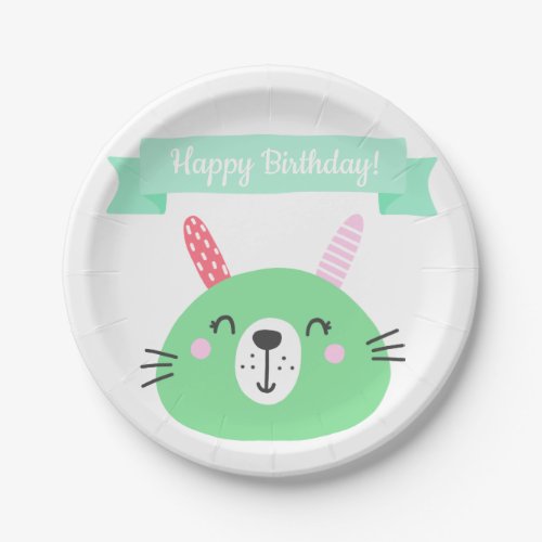 Happy Birthday  Cute Green Bunny Kids Birthday Paper Plates