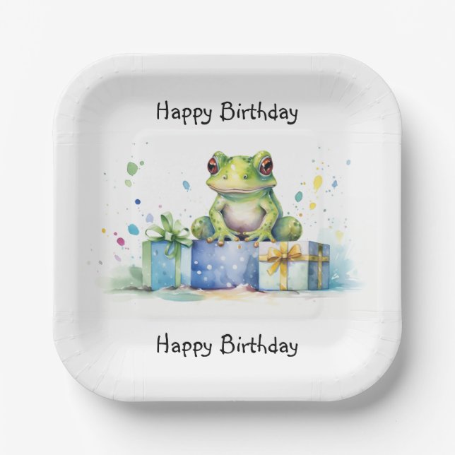 Happy Birthday Cute Green frog with wrapped gifts Paper Plates (Front)